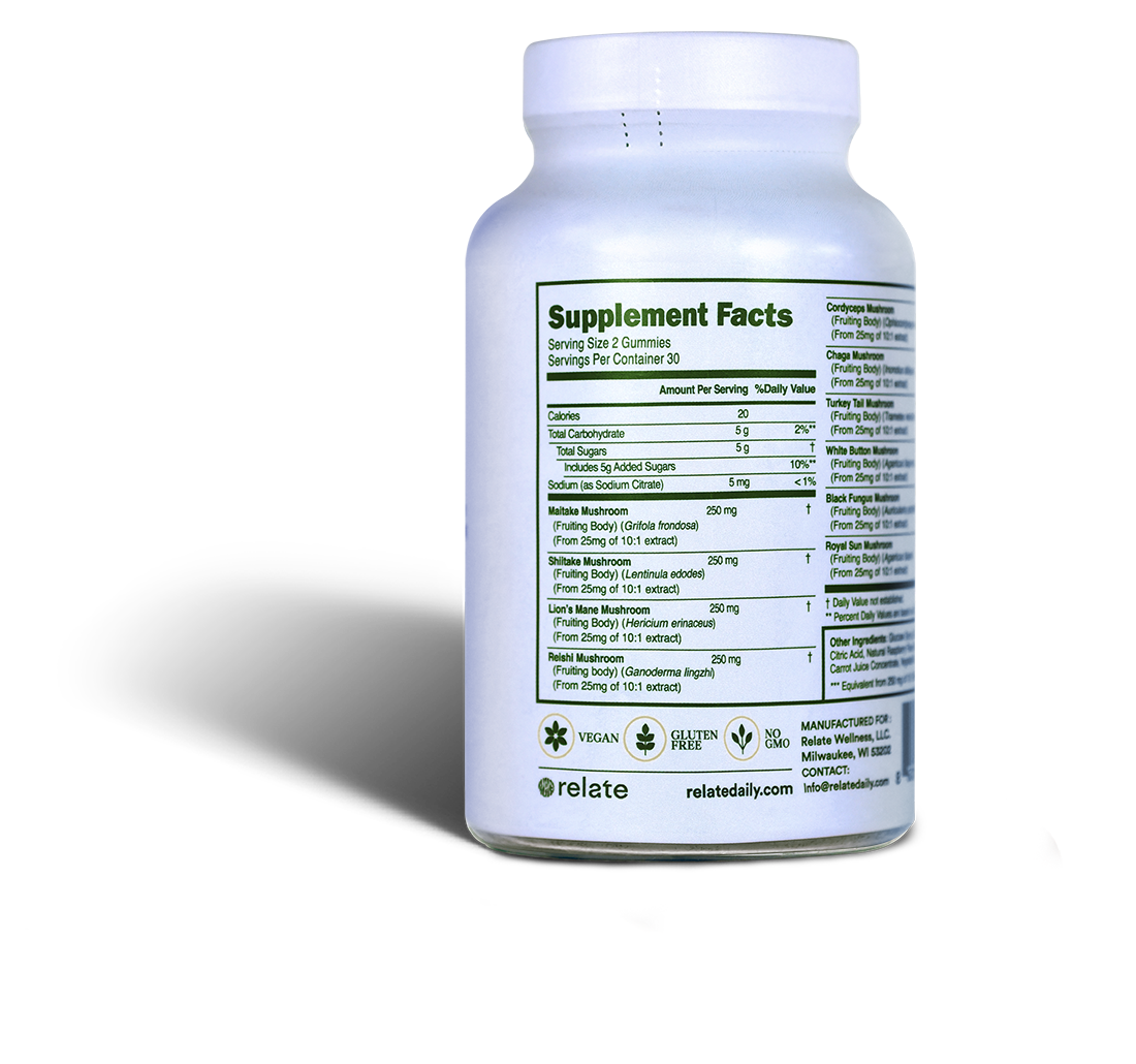 Mood Daily by Relate Daily is a white bottle of dietary supplements with a detailed supplement facts label and certification icons, including vegan and non-GMO. It serves as a nootropic supplement aimed at boosting brain performance.