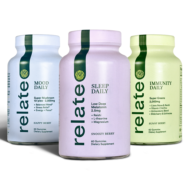 Three bottles from the Complete Well-Being Bundle by Relate Daily, featuring Mood Daily, Sleep Daily, and Immunity Daily supplements, display labels in soothing pastel colors.