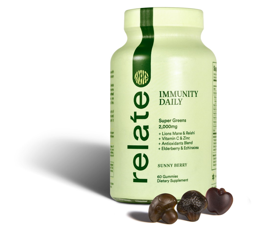 A bottle of "Immunity Daily" by Relate Daily, featuring a "Sunny Berry" flavor and enriched with superfoods such as lion's mane and reishi for enhanced immune support. This product is packed with antioxidants and elderberry, containing 60 gummies, with three prominently displayed to help boost your energy levels.