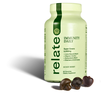 A bottle of "Immunity Daily" by Relate Daily, featuring a "Sunny Berry" flavor and enriched with superfoods such as lion's mane and reishi for enhanced immune support. This product is packed with antioxidants and elderberry, containing 60 gummies, with three prominently displayed to help boost your energy levels.