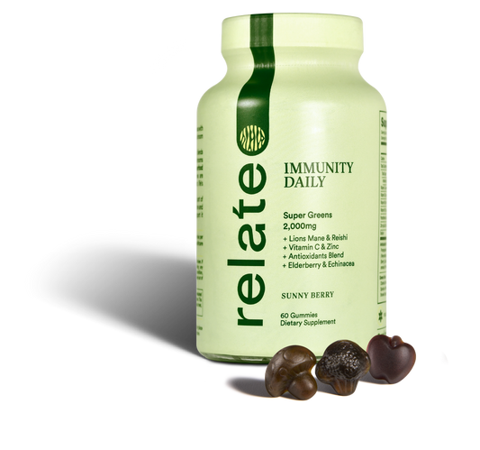 A bottle of "Immunity Daily" by Relate Daily, featuring a "Sunny Berry" flavor and enriched with superfoods such as lion's mane and reishi for enhanced immune support. This product is packed with antioxidants and elderberry, containing 60 gummies, with three prominently displayed to help boost your energy levels.