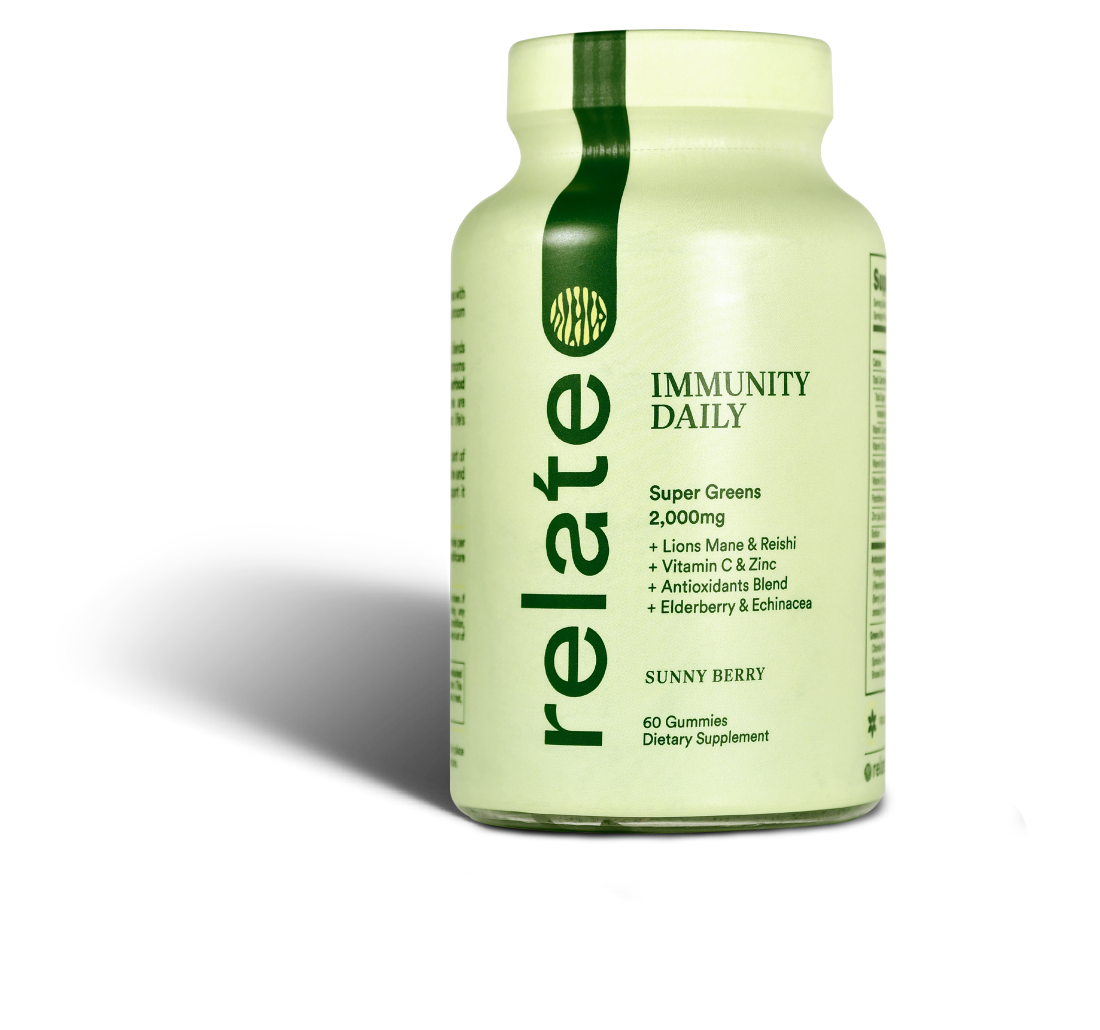 A bottle of Relate Daily's Immunity Daily Sunny Berry gummies, enriched with superfoods such as super greens, lion's mane, reishi, vitamin C, zinc, antioxidants, elderberry, and echinacea to support the immune system and enhance energy levels. Each bottle contains 60 gummies.