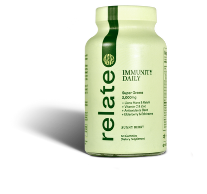 A bottle of Relate Daily's Immunity Daily Sunny Berry gummies, enriched with superfoods such as super greens, lion's mane, reishi, vitamin C, zinc, antioxidants, elderberry, and echinacea to support the immune system and enhance energy levels. Each bottle contains 60 gummies.