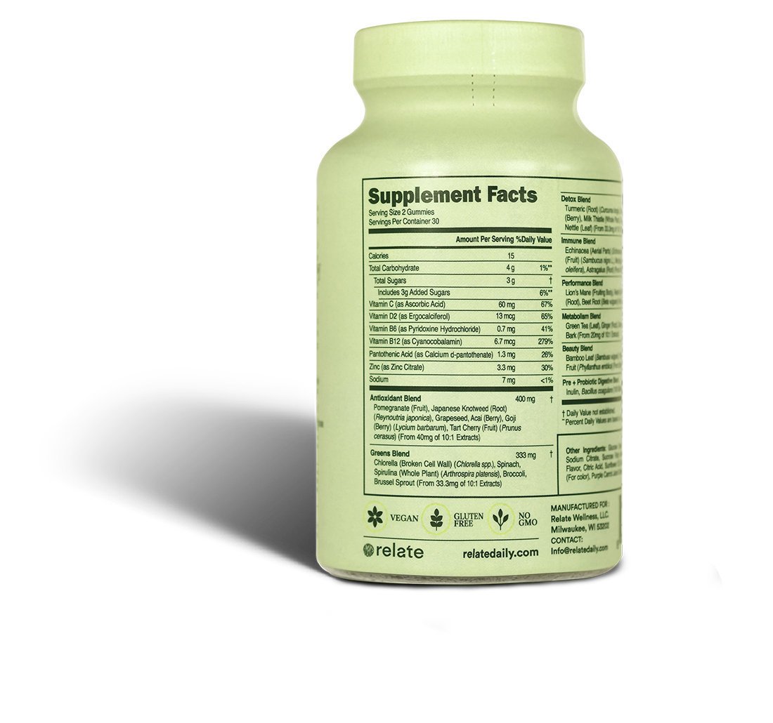 The Immunity Daily supplement by Relate Daily comes in a green bottle featuring a clear label that displays the ingredients, nutritional facts, and certifications such as vegan and gluten-free. This blend is packed with superfoods to support your immune system and naturally enhance energy levels for a healthier lifestyle.