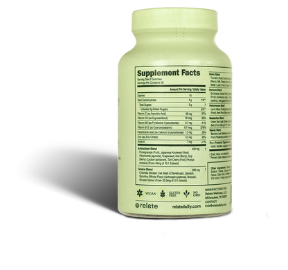 The Immunity Daily supplement by Relate Daily comes in a green bottle featuring a clear label that displays the ingredients, nutritional facts, and certifications such as vegan and gluten-free. This blend is packed with superfoods to support your immune system and naturally enhance energy levels for a healthier lifestyle.