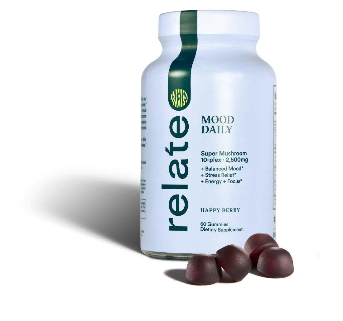 The "Mood Daily" bottle, branded by Relate Daily, features the text "Super Mushroom 10-plex + 2,500mg" and is accompanied by four berry-shaped gummies, promising enhanced brain performance and gut health.