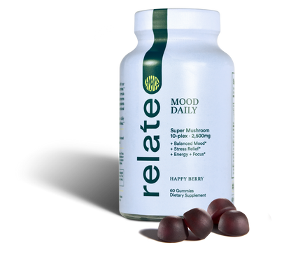The "Mood Daily" bottle, branded by Relate Daily, features the text "Super Mushroom 10-plex + 2,500mg" and is accompanied by four berry-shaped gummies, promising enhanced brain performance and gut health.