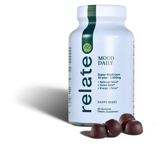 The "Mood Daily" bottle, branded by Relate Daily, features the text "Super Mushroom 10-plex + 2,500mg" and is accompanied by four berry-shaped gummies, promising enhanced brain performance and gut health.