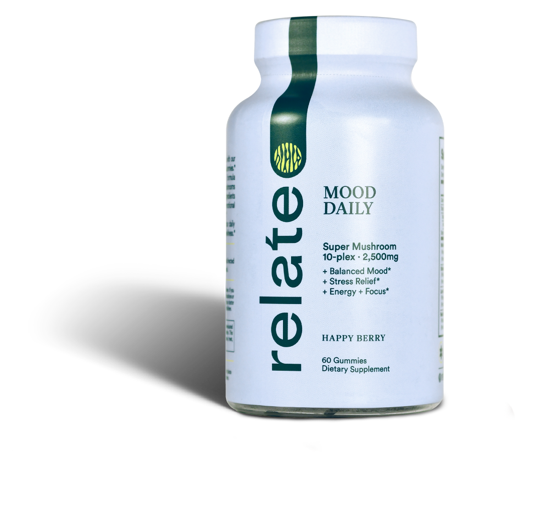 Relate Daily's Mood Daily gummies in Happy Berry flavor offer stress relief and energy focus. This nootropic dietary supplement, supporting brain performance, contains 60 gummies.