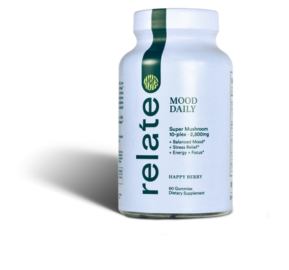 Relate Daily's Mood Daily gummies in Happy Berry flavor offer stress relief and energy focus. This nootropic dietary supplement, supporting brain performance, contains 60 gummies.