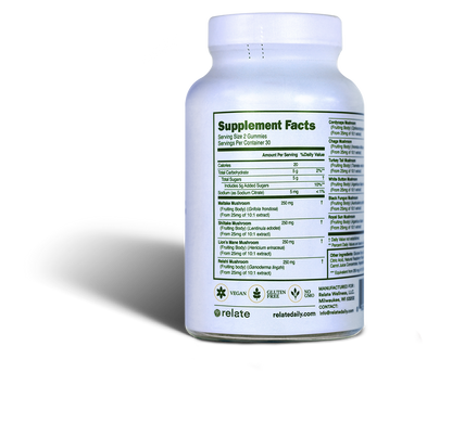 Mood Daily by Relate Daily is a white bottle of dietary supplements with a detailed supplement facts label and certification icons, including vegan and non-GMO. It serves as a nootropic supplement aimed at boosting brain performance.