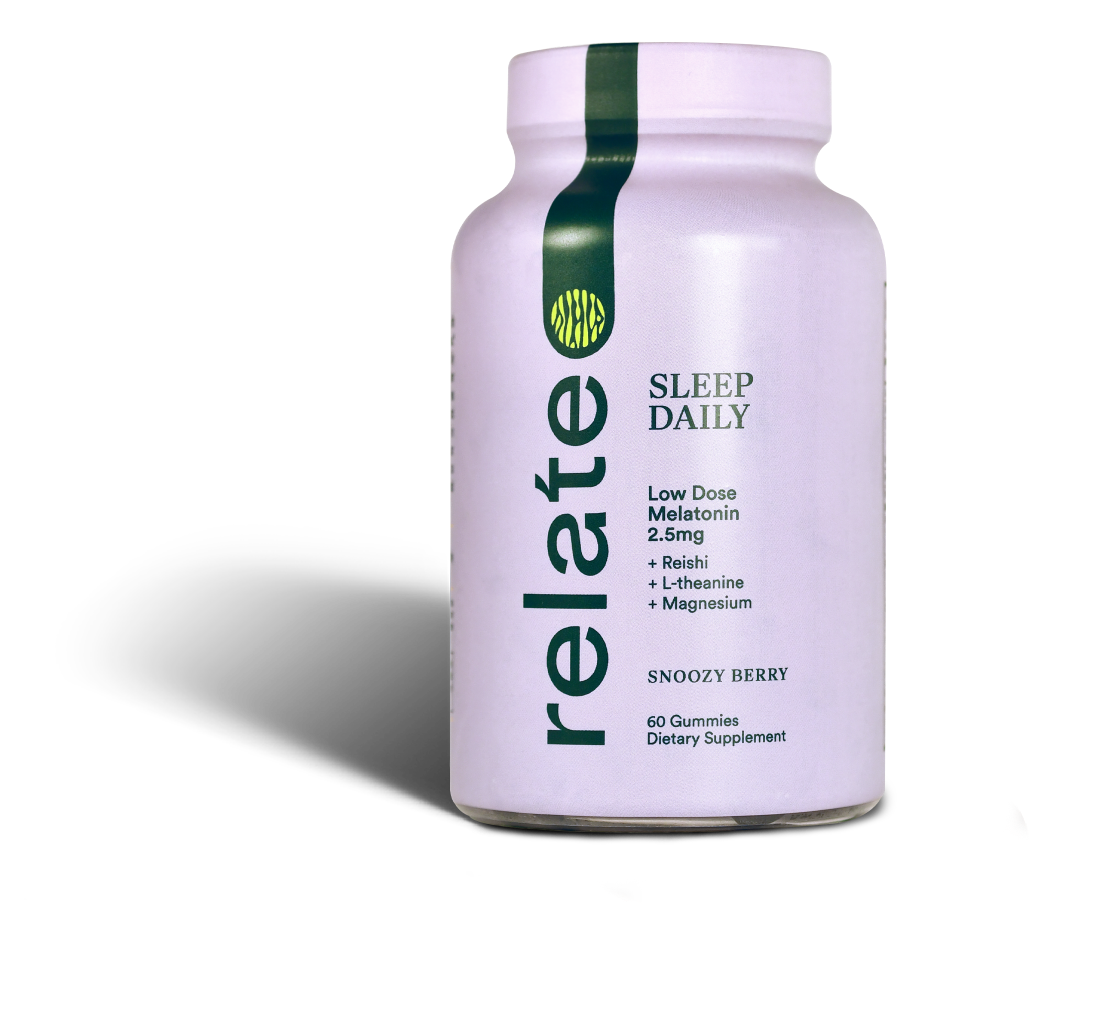 A bottle of Sleep Daily by Relate Daily features Snoozy Berry-flavored gummies that contain 2.5mg of low-dose melatonin, reishi, L-theanine, and magnesium. Each dietary supplement bottle includes 60 delightful gummies to aid in providing a restful night's sleep.