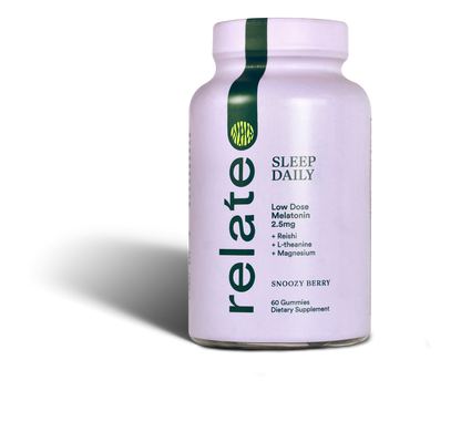 A bottle of Sleep Daily by Relate Daily features Snoozy Berry-flavored gummies that contain 2.5mg of low-dose melatonin, reishi, L-theanine, and magnesium. Each dietary supplement bottle includes 60 delightful gummies to aid in providing a restful night's sleep.