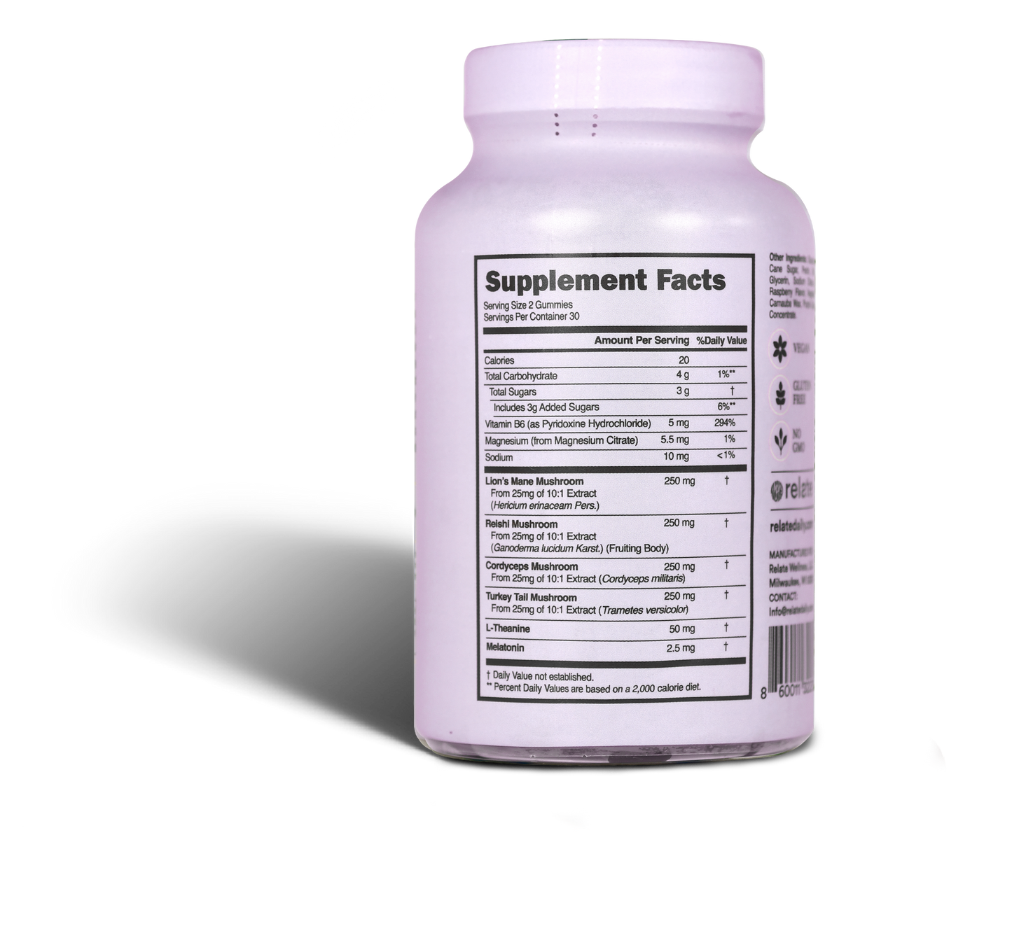 A bottle of Sleep Daily by Relate Daily, featuring a white design with a label showcasing the nutritional information and ingredients list, including lion's mane.