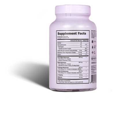 A bottle of Sleep Daily by Relate Daily, featuring a white design with a label showcasing the nutritional information and ingredients list, including lion's mane.